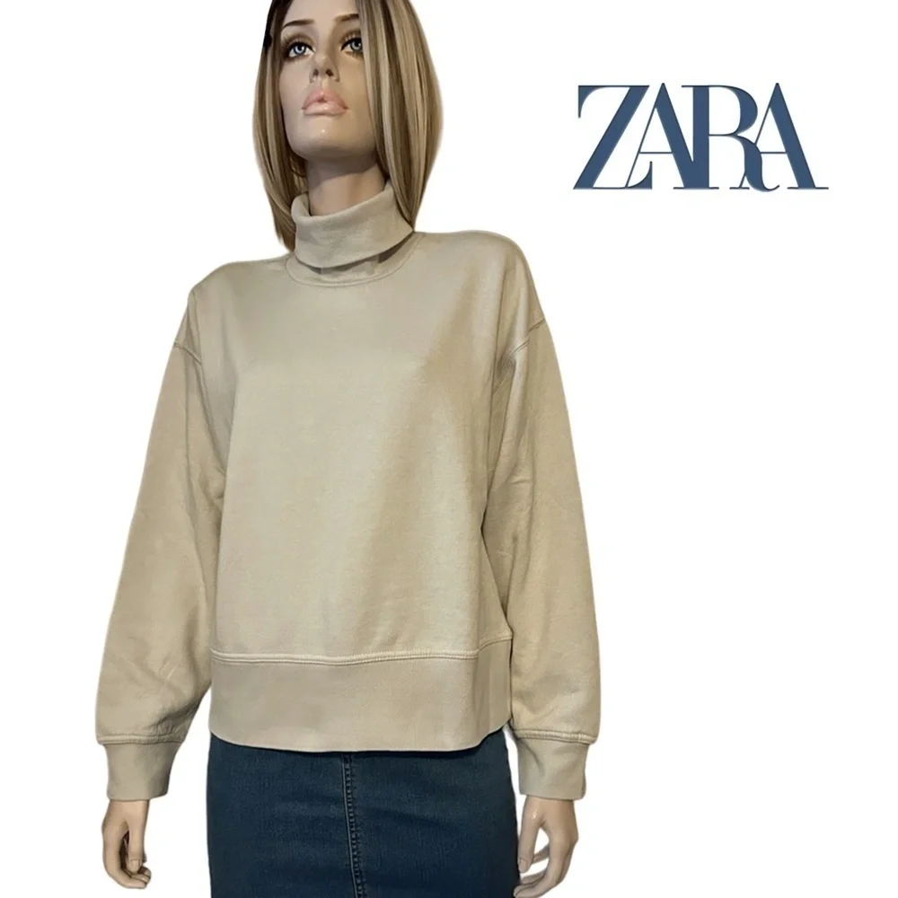 ZARA Turtleneck Sweater Top Classic Fleece Beige Ecologically Grown Oversized - Picture 14 of 16